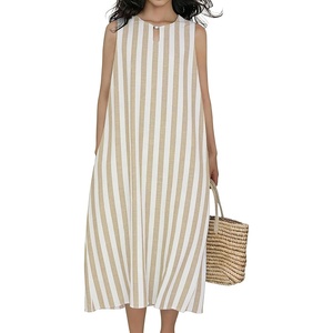 image:imageCHARTOU Summer Dresses for Women Cotton Casual Maxi Dress Beach Vacation Sleeveless Stripe Sundress with PocketsKhaki