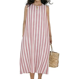 image:imageCHARTOU Summer Dresses for Women Cotton Casual Maxi Dress Beach Vacation Sleeveless Stripe Sundress with PocketsRed