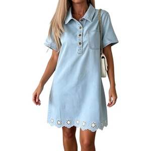 image:imageCHARTOU Women Eyelet Denim Midi Dress Summer Floral Embroidered Half Button Short Sleeve Jean DressLight Blue