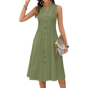 image:imageCHARTOU Womens Button Down Midi Dress Summer Sleeveless Cinched Waist Ruffle A Line Flowy DressGreen