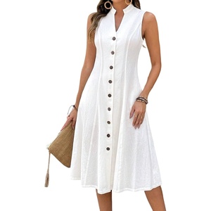 image:imageCHARTOU Womens Button Down Midi Dress Summer Sleeveless Cinched Waist Ruffle A Line Flowy DressWhite