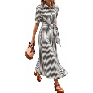 image:imageCHARTOU Womens Striped Shirt Dress Summer Casual Puff Short Sleeve Button Down Midi Dresses with Belt MediumGrey