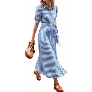 image:imageCHARTOU Womens Striped Shirt Dress Summer Casual Puff Short Sleeve Button Down Midi Dresses with Belt XLargeBlue