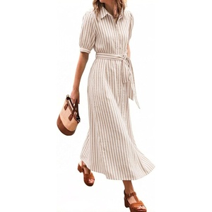 image:imageCHARTOU Womens Striped Shirt Dress Summer Casual Puff Short Sleeve Button Down Midi Dresses with Belt XXLargeKhaki
