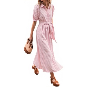 image:imageCHARTOU Womens Striped Shirt Dress Summer Casual Puff Short Sleeve Button Down Midi Dresses with Belt XXLargePink
