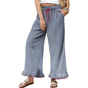 image:imageCHARTOU Women Gingham Pants Cotton Plaid Ruffle Hem Lounge Boxer Y2k Pj Bottoms Crop PantsNavy