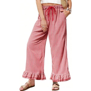 image:imageCHARTOU Women Gingham Pants Cotton Plaid Ruffle Hem Lounge Boxer Y2k Pj Bottoms Crop PantsRed