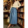image:imageCHARTOU Women Frayed Denim Maxi Skirt Patchwork Elastic High Waist A Line Long Jean SkirtBlue