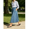image:imageCHARTOU Women Frayed Denim Maxi Skirt Patchwork Elastic High Waist A Line Long Jean SkirtBlue