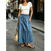 image:imageCHARTOU Women Frayed Denim Maxi Skirt Patchwork Elastic High Waist A Line Long Jean SkirtBlue
