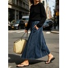 image:imageCHARTOU Women Frayed Denim Maxi Skirt Patchwork Elastic High Waist A Line Long Jean SkirtDark Blue