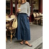 image:imageCHARTOU Women Frayed Denim Maxi Skirt Patchwork Elastic High Waist A Line Long Jean SkirtDark Blue
