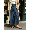 image:imageCHARTOU Women Frayed Denim Maxi Skirt Patchwork Elastic High Waist A Line Long Jean SkirtDark Blue