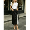 image:imageCHARTOU Women Lace Denim Midi Skirt High Waist Side Slit Pearl Raw Jean Skirt with PocketsBlack