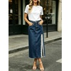 image:imageCHARTOU Women Lace Denim Midi Skirt High Waist Side Slit Pearl Raw Jean Skirt with PocketsDark Blue