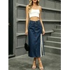 image:imageCHARTOU Women Lace Denim Midi Skirt High Waist Side Slit Pearl Raw Jean Skirt with PocketsDark Blue