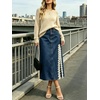 image:imageCHARTOU Women Lace Denim Midi Skirt High Waist Side Slit Pearl Raw Jean Skirt with PocketsDark Blue