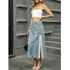 image:imageCHARTOU Women Lace Denim Midi Skirt High Waist Side Slit Pearl Raw Jean Skirt with PocketsLight Blue