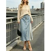 image:imageCHARTOU Women Lace Denim Midi Skirt High Waist Side Slit Pearl Raw Jean Skirt with PocketsLight Blue