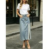 image:imageCHARTOU Women Lace Denim Midi Skirt High Waist Side Slit Pearl Raw Jean Skirt with PocketsLight Blue