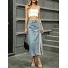 image:imageCHARTOU Women Lace Denim Midi Skirt High Waist Side Slit Pearl Raw Jean Skirt with PocketsLight Blue
