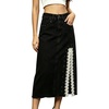 image:imageCHARTOU Women Lace Denim Midi Skirt High Waist Side Slit Pearl Raw Jean Skirt with PocketsBlack