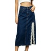 image:imageCHARTOU Women Lace Denim Midi Skirt High Waist Side Slit Pearl Raw Jean Skirt with PocketsDark Blue