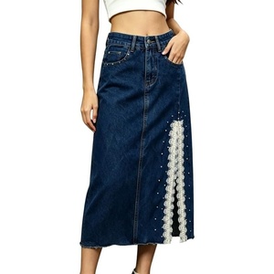 image:imageCHARTOU Women Lace Denim Midi Skirt High Waist Side Slit Pearl Raw Jean Skirt with PocketsDark Blue