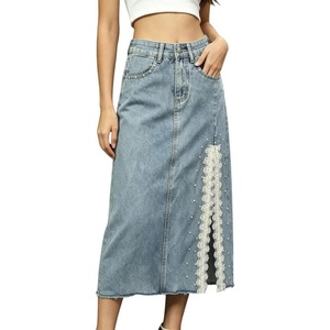image:imageCHARTOU Women Lace Denim Midi Skirt High Waist Side Slit Pearl Raw Jean Skirt with PocketsLight Blue