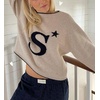 image:imageCHARTOU Women Lightweight Pullover Sweater Round O Neck Star Print Contrast Trim Crop Knit Sweater TopsKhaki