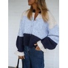 image:imageCHARTOU Women Striped Cardigan Sweater Fuzzy Button Down Long Sleeve Ruffle Coat JacketBlue