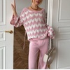image:imageCHARTOU Women Stripes Knitted Pullover Sweater Oversized Crew Neck Backless Long Sleeve RIC Rac TopPink