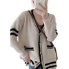 image:imageCHARTOU Womens Oversized Open Front Cardigan Button Down Stripes Slouchy Waffle Knit SweaterApricot