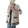 image:imageCHARTOU Womens Oversized Open Front Cardigan Button Down Stripes Slouchy Waffle Knit SweaterApricot