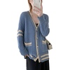 image:imageCHARTOU Womens Oversized Open Front Cardigan Button Down Stripes Slouchy Waffle Knit SweaterBlue