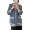 image:imageCHARTOU Womens Oversized Open Front Cardigan Button Down Stripes Slouchy Waffle Knit SweaterBlue