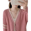image:imageCHARTOU Womens Oversized Open Front Cardigan Button Down Stripes Slouchy Waffle Knit SweaterPink