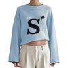 image:imageCHARTOU Women Lightweight Pullover Sweater Round O Neck Star Print Contrast Trim Crop Knit Sweater TopsBlue