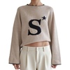 image:imageCHARTOU Women Lightweight Pullover Sweater Round O Neck Star Print Contrast Trim Crop Knit Sweater TopsKhaki