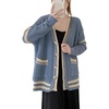 image:imageCHARTOU Womens Oversized Open Front Cardigan Button Down Stripes Slouchy Waffle Knit SweaterBlue