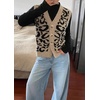 image:imageCHARTOU Womens Sleeveless Leopard Sweater Vest Cropped Button Down Retro Wool Cheetah Tank TopsKhaki