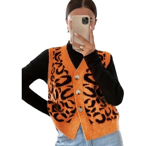 image:imageCHARTOU Womens Sleeveless Leopard Sweater Vest Cropped Button Down Retro Wool Cheetah Tank TopsOrange