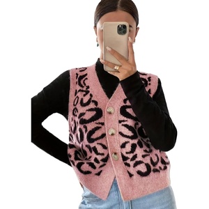 image:imageCHARTOU Womens Sleeveless Leopard Sweater Vest Cropped Button Down Retro Wool Cheetah Tank TopsPink
