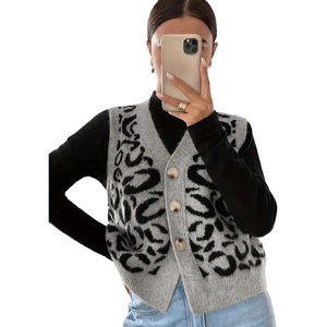 image:imageCHARTOU Womens Sleeveless Leopard Sweater Vest Cropped Button Down Retro Wool Cheetah Tank TopsSilver Grey