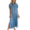 image:imageCHARTOU Womens Long Denim Dress Puff Sleeve Button Down Shirt Dress with PocketsBlue