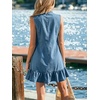 image:imageCHARTOU Women Sleeveless Denim Mini Dress Summer Button Down Ruffle Hem Jean Short DressBlue