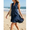 image:imageCHARTOU Women Sleeveless Denim Mini Dress Summer Button Down Ruffle Hem Jean Short DressDark Blue