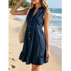image:imageCHARTOU Women Sleeveless Denim Mini Dress Summer Button Down Ruffle Hem Jean Short DressDark Blue