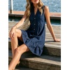 image:imageCHARTOU Women Sleeveless Denim Mini Dress Summer Button Down Ruffle Hem Jean Short DressDark Blue