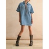 image:imageCHARTOU Women Summer Denim Mini Dress Lapel Drawstring V Neck Short Sleeve Shift Jean Dress with PocketsBlue